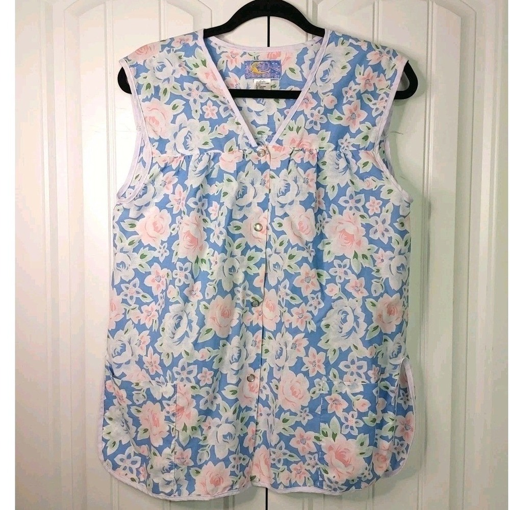 Vintage House Coat Art Smock Womens M Kitchen Cobbler Vest Snap Floral Granny